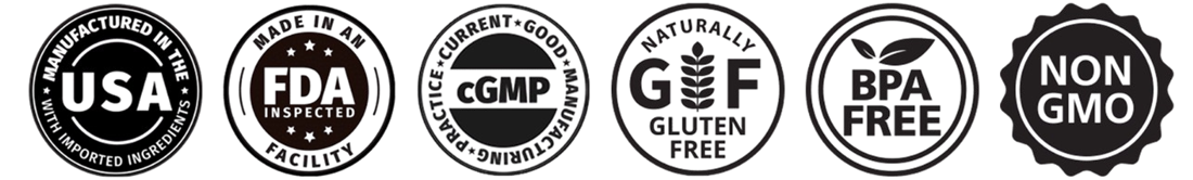 Made in the USA, FDA-inspected facility, cGMP, gluten-free, BPA-free and non-GMO certification seals