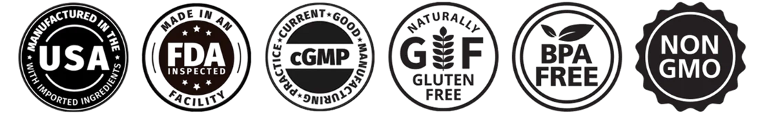 Made in the USA, FDA-inspected facility, cGMP, gluten-free, BPA-free and non-GMO certification seals