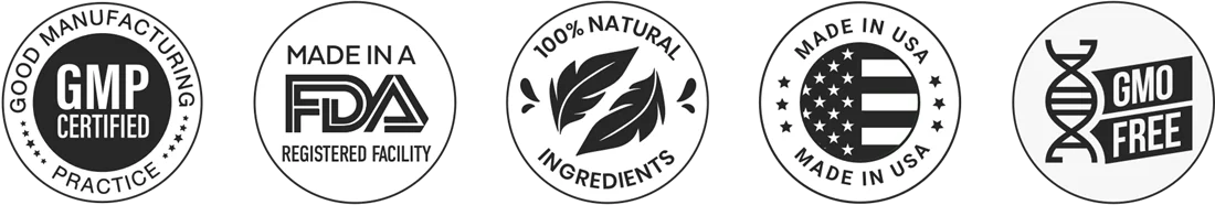 Made in the USA, FDA-registered facility, GMP-certified and non-GMO certification seals